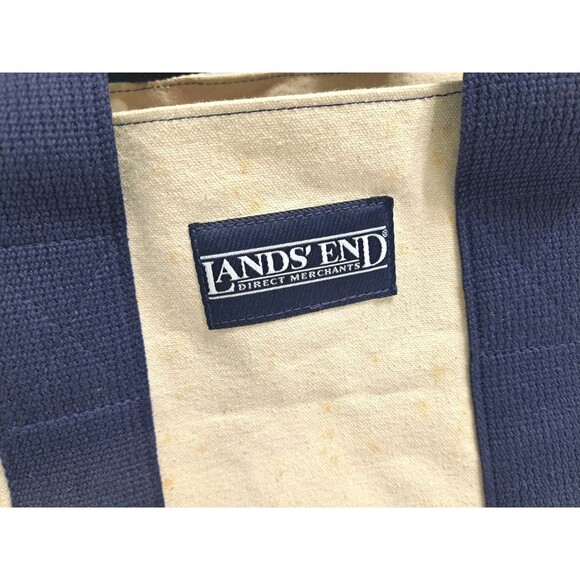 Lands End Expandable Canvas Tote Cream Blue Double Strap Boat Bag Made in USA - Picture 2 of 10